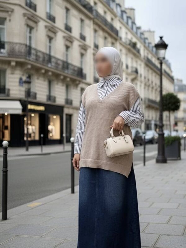 jupe longue en jean + chemise pull beige